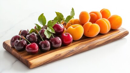 Fresh apricots, cherries, and plums beautifully arranged on a wooden cutting board