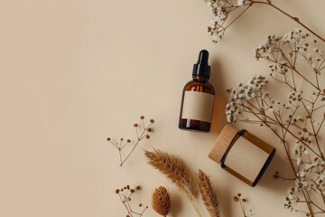 Product photo of minimalist flat lay of amber glass cosmetic bottles with natural dried botanicals on beige background