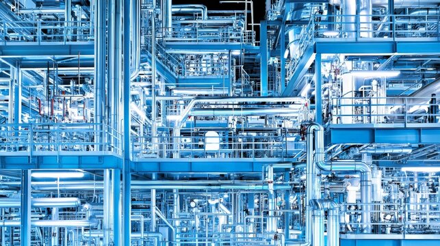 An intricate array of blue gas flaring pipes in a fuel processing plant, representing the complexity of emission control systems.