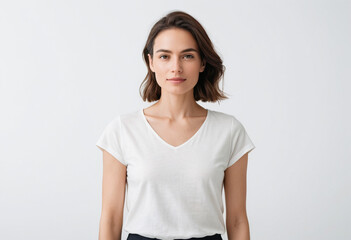 Obraz premium Young woman in trendy casual wear, holding a coffee cup and looking directly at the camera, with a neutral background and open copy space. Studio lighting, sharp details