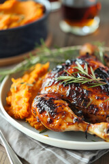 Whiskey glazed roast chicken with bourbon sweet potato side for gourmet dining experience. Vertical