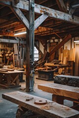 Rustic Carpentry Workshop Filled with Tools and Wooden Beams for Professional Furniture Crafting
