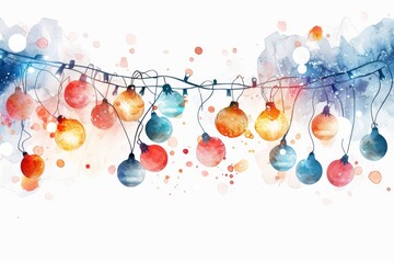 Watercolor illustration of an imaginative and whimsical showcasing vibrant holiday lights alongside festive bokeh effects on white background. Christmas concept