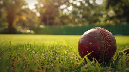 A red cricket ball sits in the grass on a sunny day. It looks like the ball has been used in many matches.