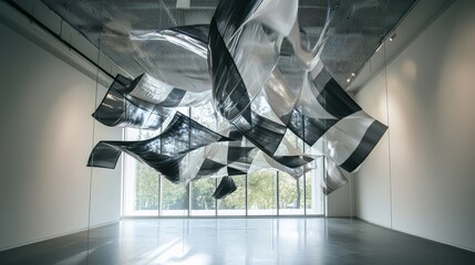 Abstract art installation with suspended elements creating a dynamic sense of movement