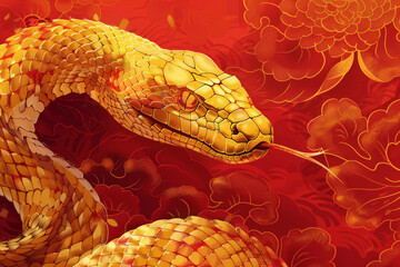 A stunning and captivating illustration of a golden snake is beautifully set against a vibrant red floral backdrop. Chinese new year concept.