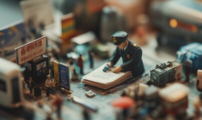 A miniature scene with a policeman reading a newspaper.