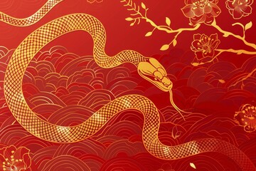 A stunning and captivating illustration of a golden snake is beautifully set against a vibrant red floral backdrop. Chinese new year concept.