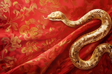 A stunning and captivating illustration of a golden snake is beautifully set against a vibrant red floral backdrop. Chinese new year concept.