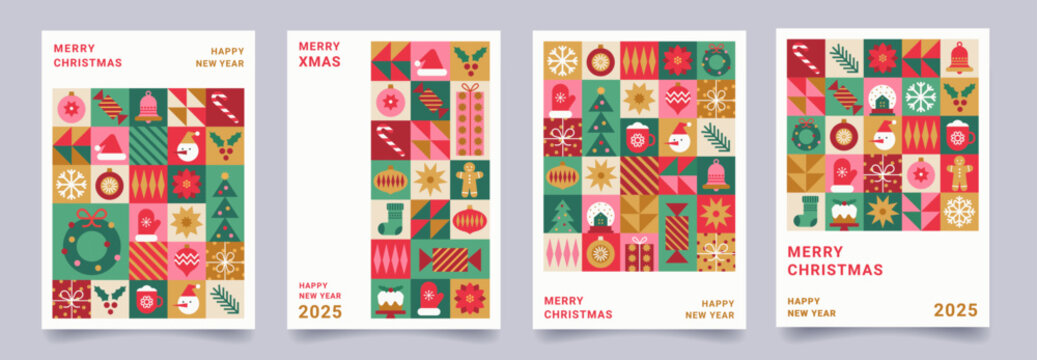 Fototapeta Set of Merry Christmas and Happy New Year geometric minimalist card. Xmas backgrounds. Modern pattern with Christmas flat abstract icons. Trendy design for holiday invitation, poster, cover, template.