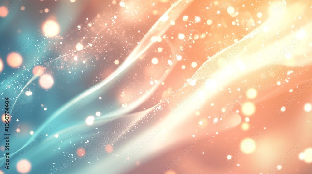 Poster wavy lines of light particles create an abstract background, blending orange and teal hues with a so
