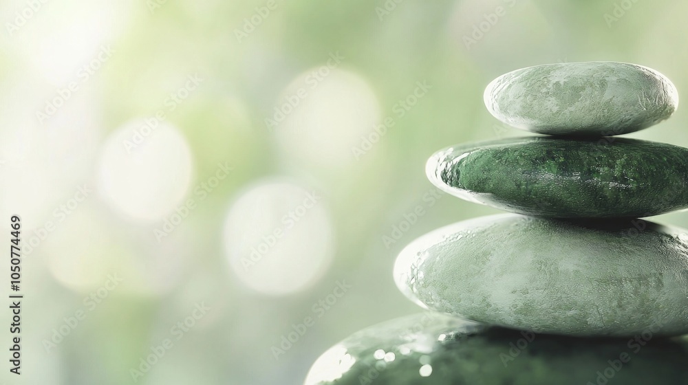 Poster four green stones balancing on top of each other with a blurred green background creating a relaxing
