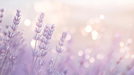 Naklejka premium Lavender flowers are blooming in a field at sunset, creating a beautiful and dreamy scene with a soft bokeh effect in the background
