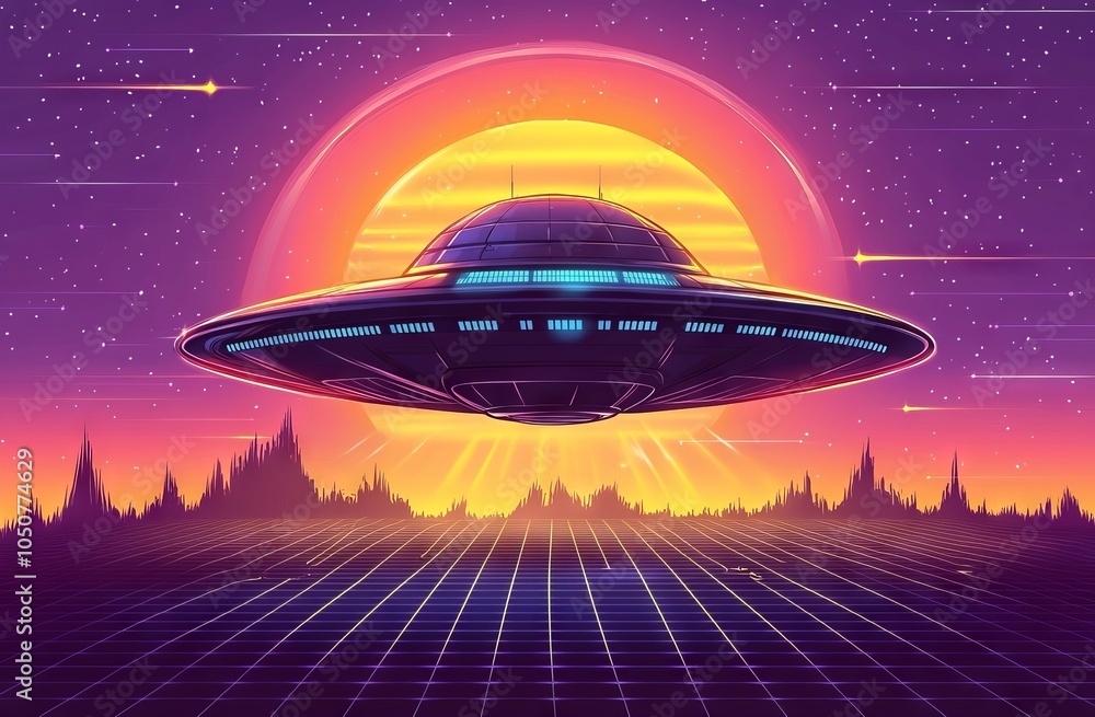 Poster retro view in 3d virtual reality of a spaceship at sunset over a landscape in the 80's style.