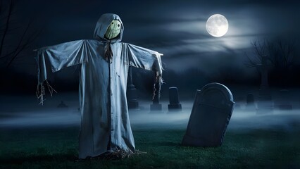 Sheet-Draped Scarecrow Near Crooked Gravestone in Foggy Cemetery