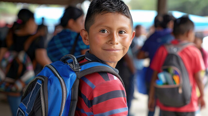 Young Hispanic boy with a backpack smiling at the camera in a crowded school setting.