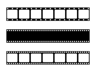 Fototapeta premium Film strip frame illustration on white background. Photo film tape reel icon set. Negative retro 35mm filmstrip. Vintage movie slide frame concept. Motion picture tape pictogram.