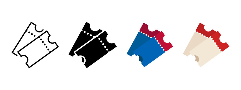 Cinema ticker icon set. Theatre pass symbol. Concert admission sign. Lottery ticket vector illustration. Colorful paper ticket pictogram collection. Colored access and admission concept.