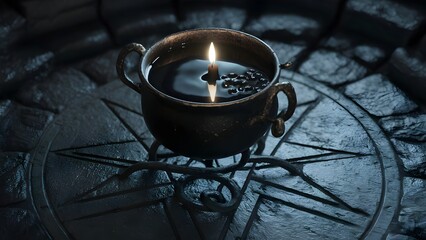 Small Cauldron with Reflective Black Liquid on Iron Stand with Pentagram in Dark Ritualistic Setting