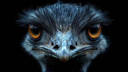 Naklejka premium Close-up portrait of an emu's face with piercing yellow eyes against a black background.