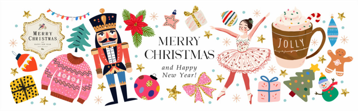 Merry Christmas and Happy New Year 2025. Vector fairy tale illustration of Christmas tree, nutcracker, ballerina, cup of coffee, gift, knitted sweater, toy, snowman. gingerbread, bow for greeting card