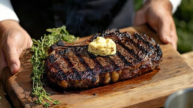 A waiter serves perfectly cooked steak that rests on a wooden board, adorned with flavorful herb butter and fresh thyme, highlighting a culinary delight