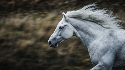 Obraz premium White horse gallops gracefully, mane flowing in natural backdrop.