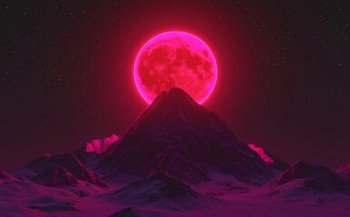 The pink moon rises over a serene, snowy landscape featuring rolling hills, creating a surreal and ethereal nighttime scene.