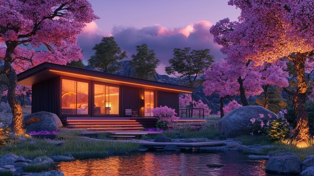 With sharp lines, futuristic aesthetic, neon details, and holographic trees, this sleek black cubic home is nested in a futuristic landscape.