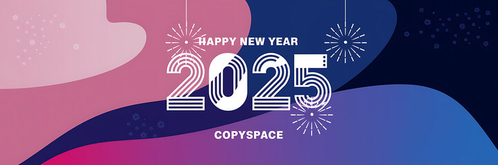 Obraz premium White 2025 on pink and blue abstract background with fireworks New Year celebration design template 