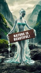 A wooden caution sign by a garden fountain in a green park