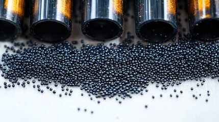 Industrial concept, Abrasive blasting media sample, abrasive blasting media samples including cut wire shot peening and steel shot.