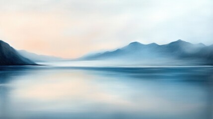 Obraz premium Serene mountain landscape with misty peaks reflecting on a tranquil lake at dawn, AI