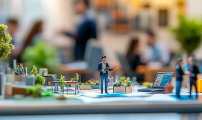 Miniature office with figures working on a project.