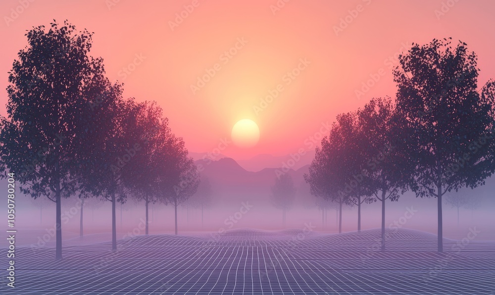 Aufkleber luminous lines and trees create a retro-futuristic landscape.