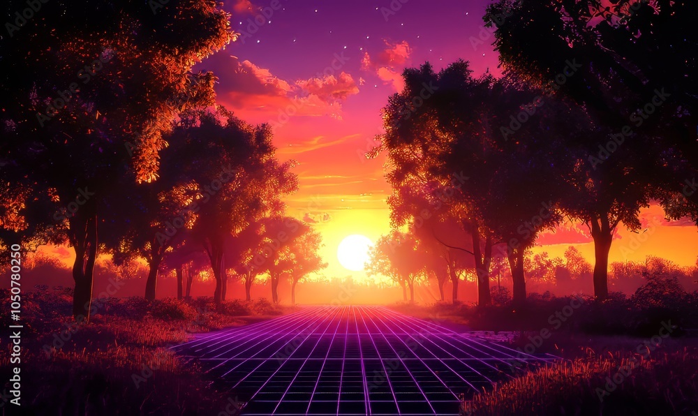 Poster retro-futuristic lines and trees with glowing effects.