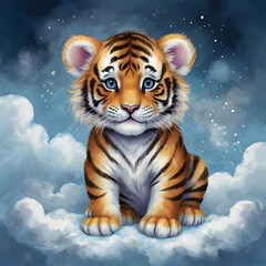 a baby tiger resting on a fluffy cloud with a soft blue watercolor background. The tiger should have large blue eyes