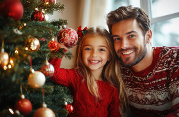 happy family mother, father and child daughter decorate Christmas tree .
