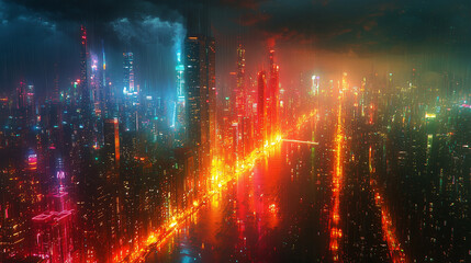 Obraz premium rain soaked cyberpunk cityscape with glowing red and orange neon buildings under storm clouds