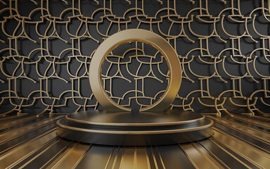 Naklejka premium Black and gold podium with geometric pattern background luxury and elegant product display for special occasions 