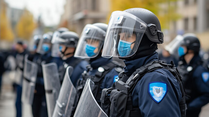 Close-up of riot police in protective gear standing ready at a demonstration