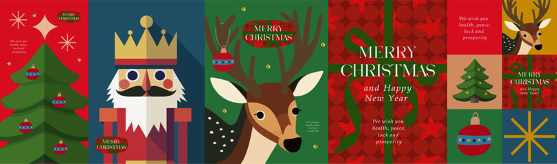 Merry Christmas and Happy New Year 2025. Vector abstract fairy tale illustration of Christmas tree, nutcracker, deer, gift box with ribbon for greeting card, poster, invitation, postcard or background