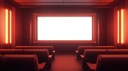 Fototapeta premium A dimly lit cinema hall with empty seats and a bright screen.