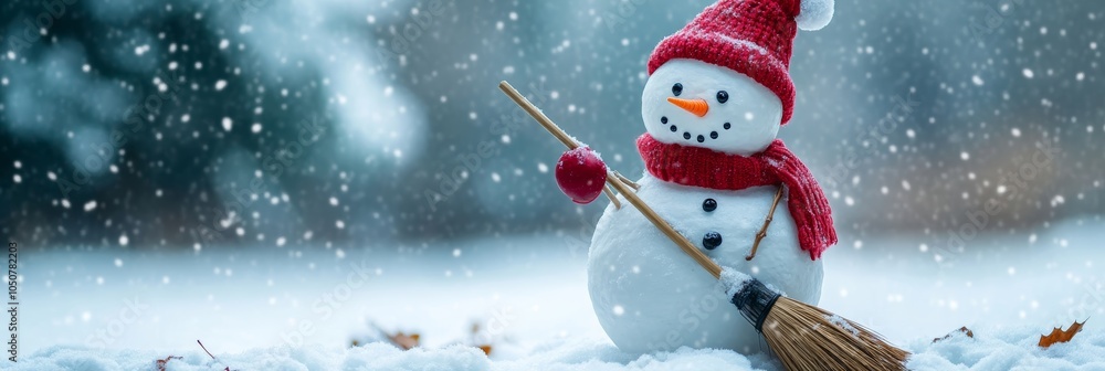 Poster playful snowman with a broom in a snowy landscape under a bokeh light backdrop, inviting and festive