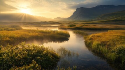 Serene landscape with a river, lush greenery, and mountains under a golden sunrise.
