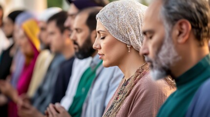 A gathering of people from various faiths in prayer and meditation, Reflecting the unity and spiritual diversity of humanity, photography style