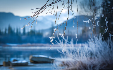 Frosty branch and blue water  winter wonderland  serene and peaceful   