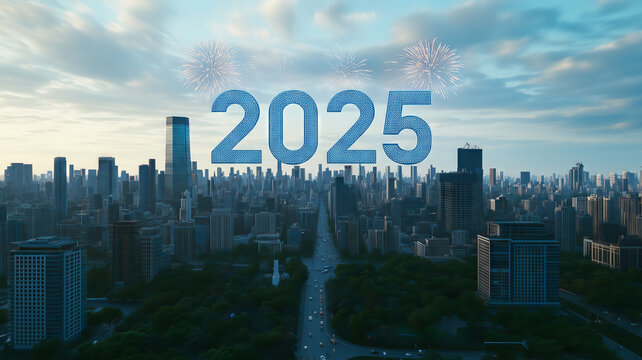 A dazzling display of fireworks illuminating the 2025 skyline over the city