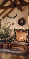 Cozy Christmas living room with green tree and fireplace  decorated with red and white  perfect for holiday celebrations   