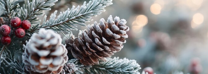 Naklejka premium Frosted pinecones and holly berries composition background